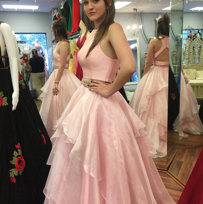 A Line Scoop Neck 2 Pieces Champagne/Pink Prom Dresses, 2 Pieces Formal Dresses, Evening Dresses