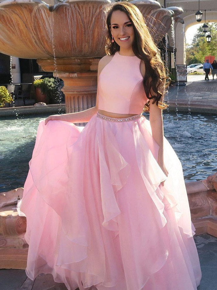 A Line Scoop Neck 2 Pieces Champagne/Pink Prom Dresses, 2 Pieces Formal Dresses, Evening Dresses