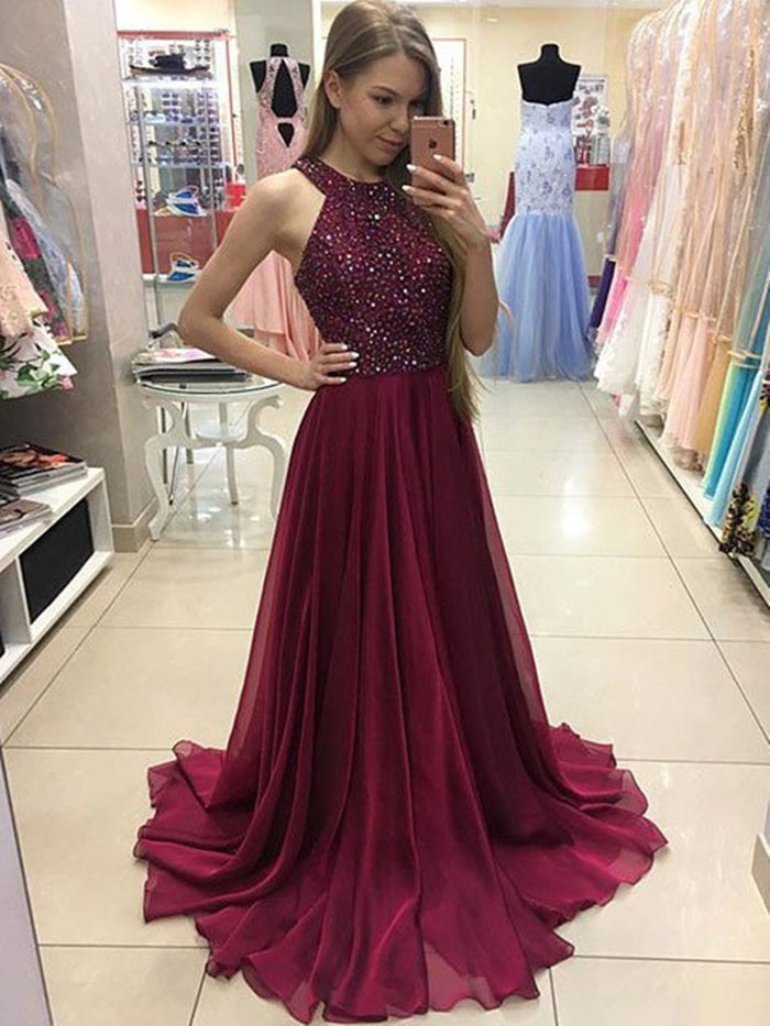 A-line Scoop Neck Burgundy Prom Dress, Burgundy Formal Dress, Burgundy Evening Dress