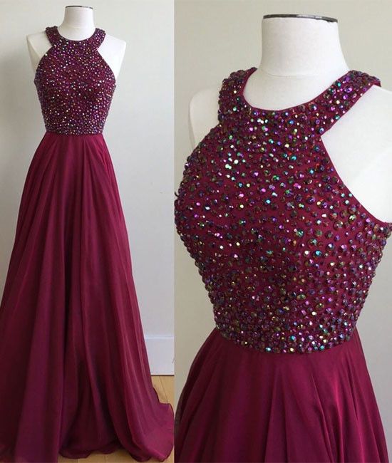 A-line Scoop Neck Burgundy Prom Dress, Burgundy Formal Dress, Burgundy Evening Dress