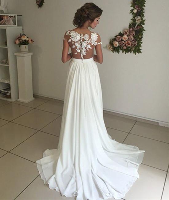 A Line See Through Ivory Lace Wedding Dresses, Ivory Lace Prom Dresses, Formal Dresses, Beach Wedding Dresses