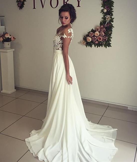 A Line See Through Ivory Lace Wedding Dresses, Ivory Lace Prom Dresses, Formal Dresses, Beach Wedding Dresses