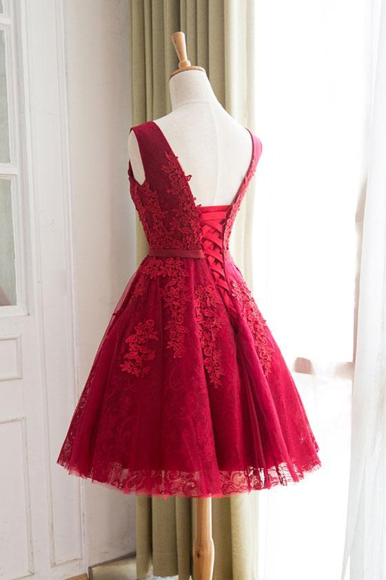 A Line Short Burgundy Lace Prom Dress, Lace Graduation Dress, Homecoming Dresses, Burgundy Bridesmaid Dresses