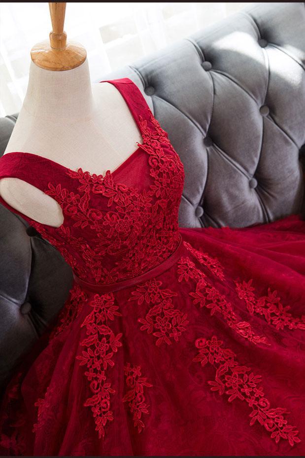 A Line Short Burgundy Lace Prom Dress, Lace Graduation Dress, Homecoming Dresses, Burgundy Bridesmaid Dresses