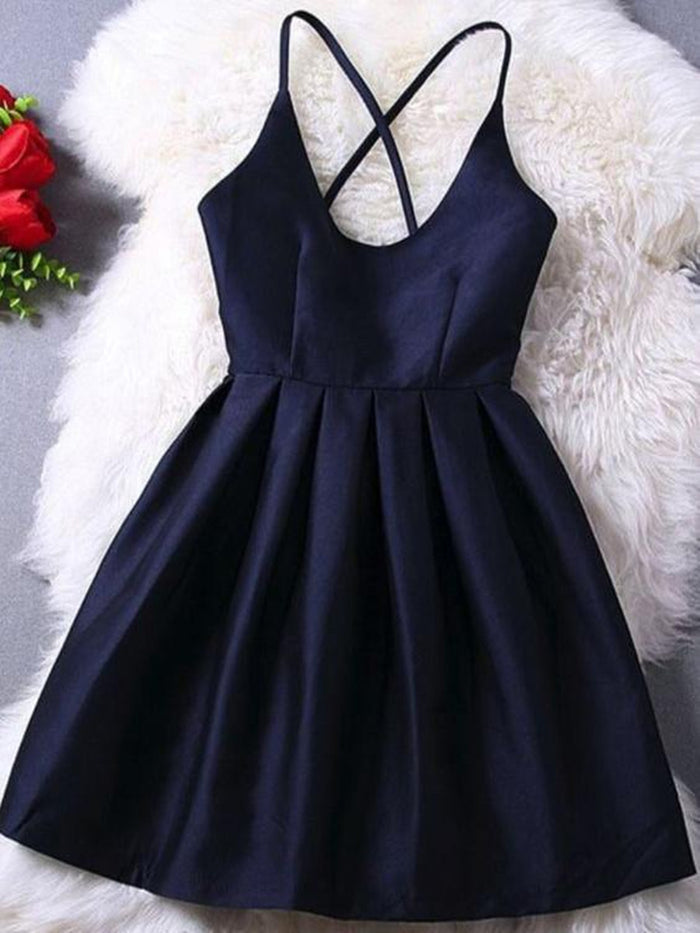 A Line Short Navy Blue Prom Dress with Cross-Back, Short Graduation Dresses, Navy Blue Homecoming Dresses
