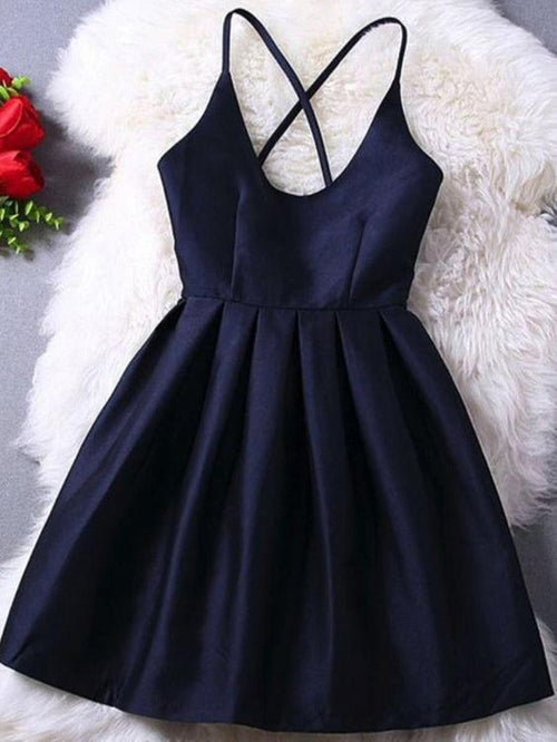 A Line Short Navy Blue Prom Dress with Cross-Back, Short Graduation Dresses, Navy Blue Homecoming Dresses