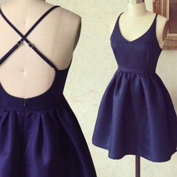 A Line Short Navy Blue Prom Dress with Cross-Back, Short Graduation Dresses, Navy Blue Homecoming Dresses