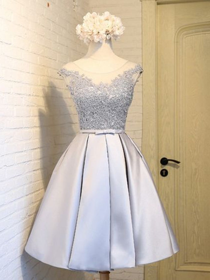 A Line Silver Short Lace Prom Dresses, Short Lace Homecoming Dresses, Formal Dresses