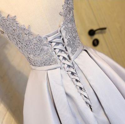 A Line Silver Short Lace Prom Dresses, Short Lace Homecoming Dresses, Formal Dresses