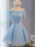 A Line Sky Blue Short Lace Prom Dresses, Sky Blue Graduation Dresses, Lace Homecoming Dresses