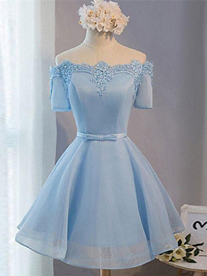 A Line Sky Blue Short Lace Prom Dresses, Sky Blue Graduation Dresses, Lace Homecoming Dresses
