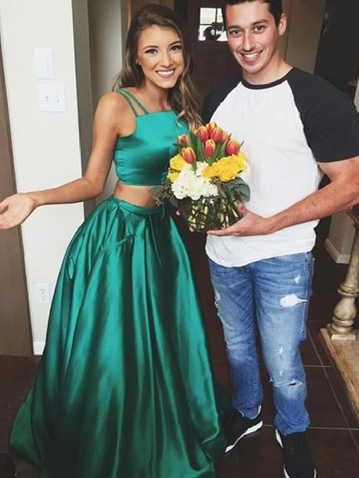 A Line Spaghetti Straps 2 Pieces Green Prom Dresses, 2 Pieces Green Formal Dresses, Graduation Dresses