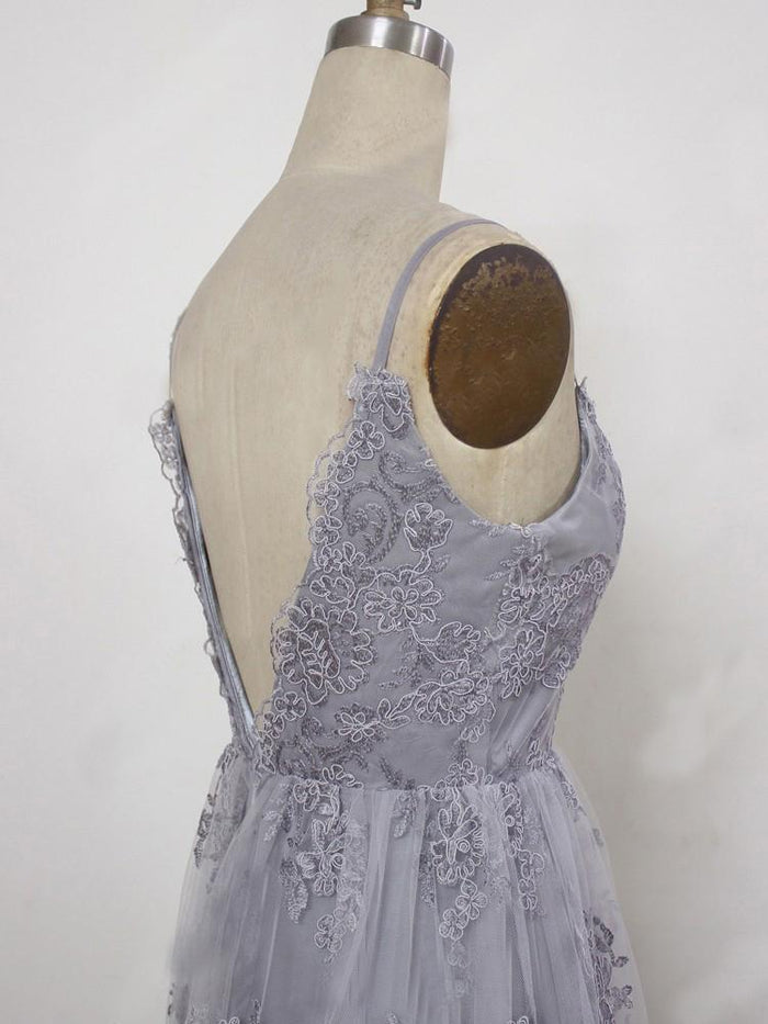 A Line Spaghetti Straps Backless Gray Lace Prom Dresses, Gray Backless Formal Dresses, Backless Lace Evening Dresses