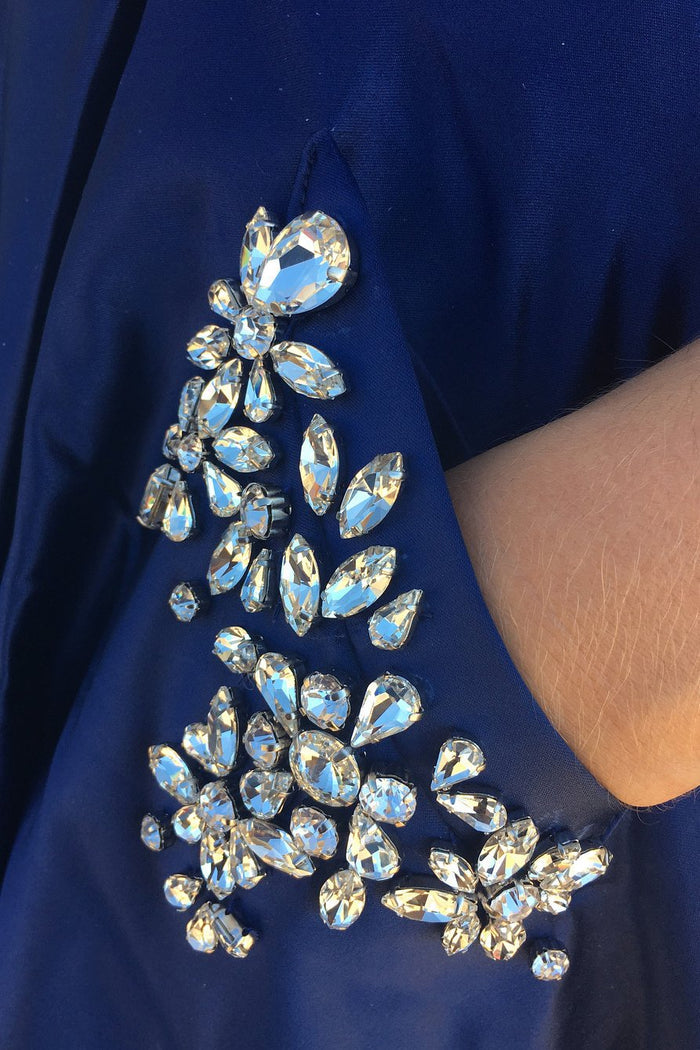 A-Line Strapless Hunter Green/Blue Prom Dress with Beading Pockets, Green/Blue Formal Dresses