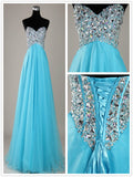 A Line Sweetheart Neck Blue Floor Length Prom Dresses