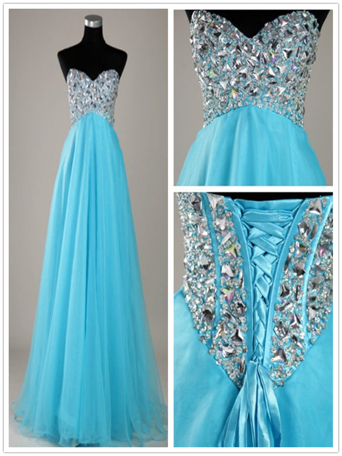 A Line Sweetheart Neck Blue Floor Length Prom Dresses