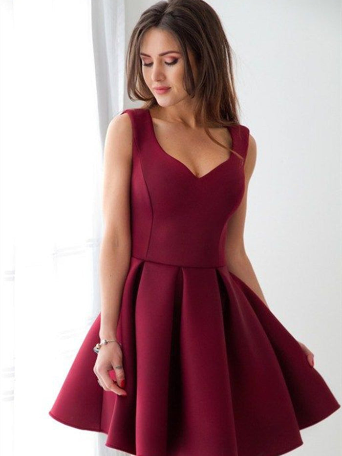 A Line Sweetheart Neck Maroon Prom Dress, Short Maroon Homecoming Dress, Formal Dresses, Maroon Graduation Dresses