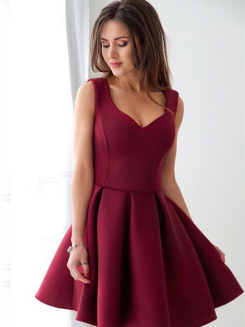 A Line Sweetheart Neck Maroon Prom Dress, Short Maroon Homecoming Dress, Formal Dresses, Maroon Graduation Dresses