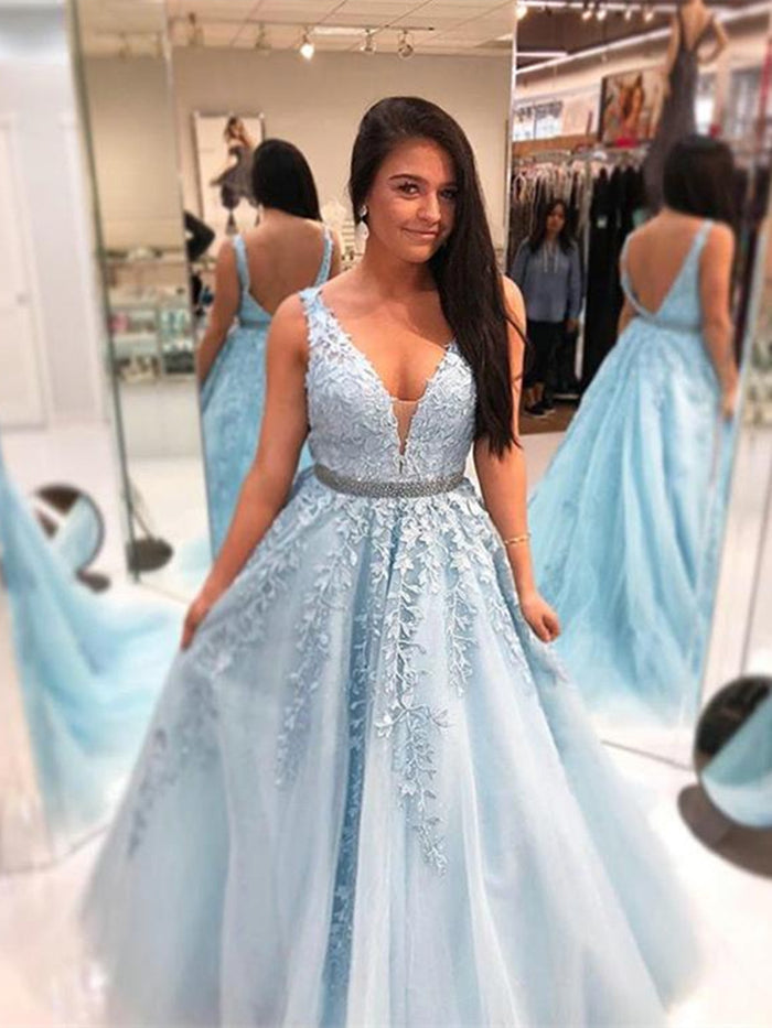 A Line V Neck Blue Lace Prom Dresses, Blue Lace Formal Dresses, Blue Lace Graduation Dresses