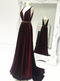 A Line V Neck Burgundy Sweep Train Prom Dresses, V Neck Formal Dresses