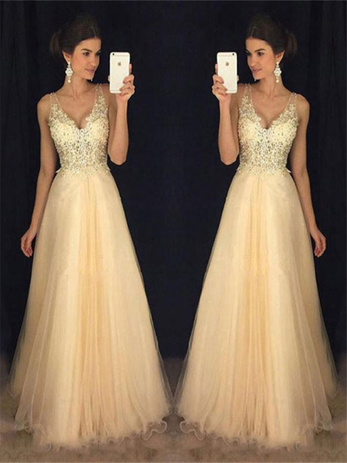 A-line V-neck Tulle Appliques Lace Floor-length Backless Prom Dresses, Backless Formal Dress