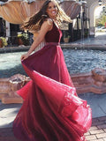 A Line V Neck Floor Length Burgundy Prom Dresses, Burgundy Formal Dresses, Maroon Evening Dresses