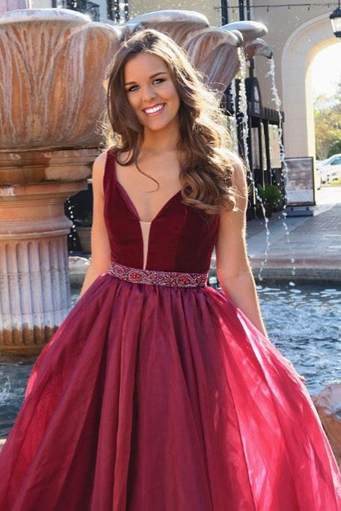 A Line V Neck Floor Length Burgundy Prom Dresses, Burgundy Formal Dresses, Maroon Evening Dresses