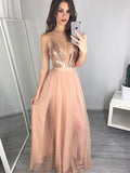 A Line V Neck Open Back Tulle Prom Dress, Backless Formal Dress, Evening Dress, Backless Party Dress