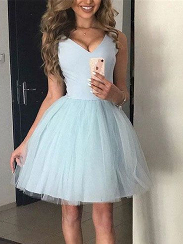 A Line V Neck Short Blue Prom Dress, Light Blue Graduation Dress, Short Homecoming Dress, Blue Bridesmaid Dresses