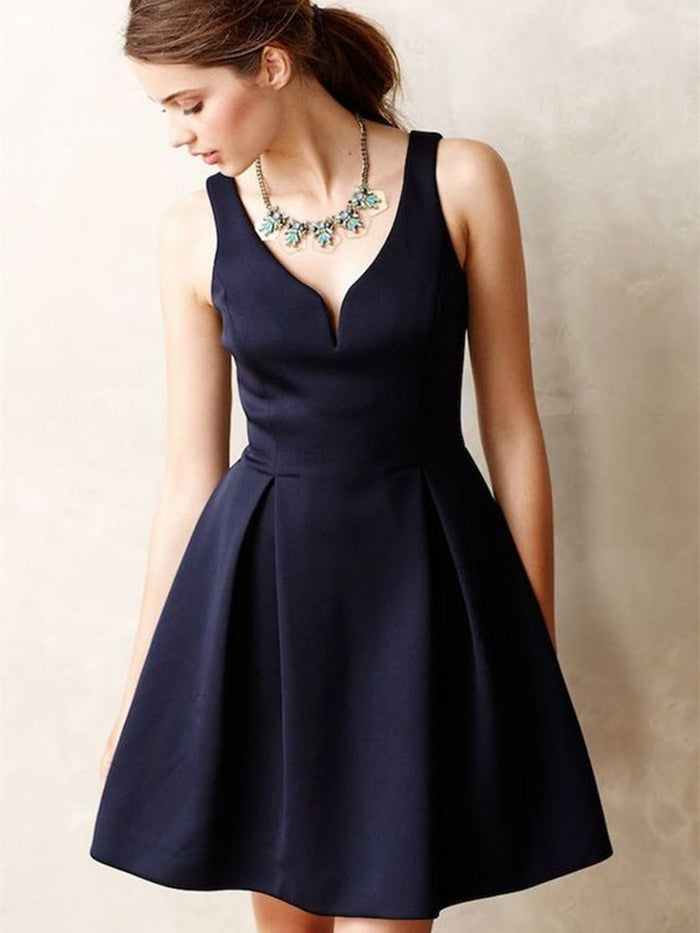 A Line V Neck Short Navy Blue Prom Dresses, Navy Blue Homecoming Dresses, Short Graduation Dresses