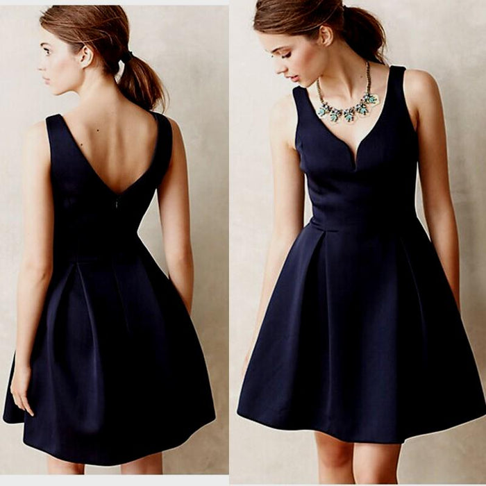 A Line V Neck Short Navy Blue Prom Dresses, Navy Blue Homecoming Dresses, Short Graduation Dresses