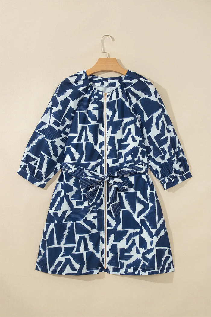 Abstract Geometric Print Zip Front Tie Waist Shift Dress – Blue