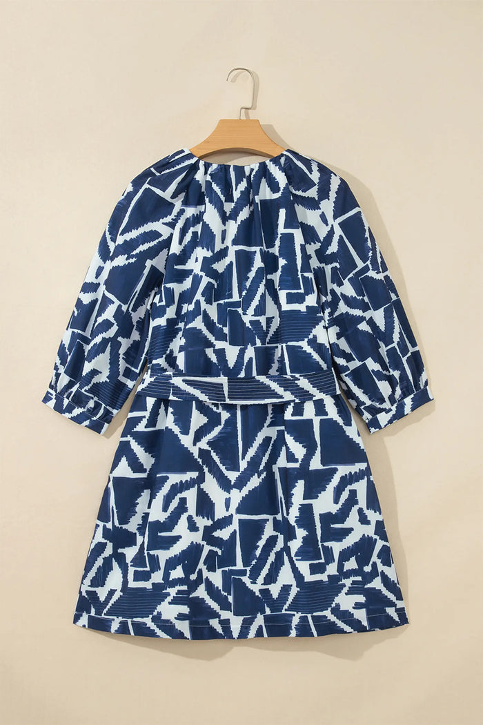 Abstract Geometric Print Zip Front Tie Waist Shift Dress – Blue