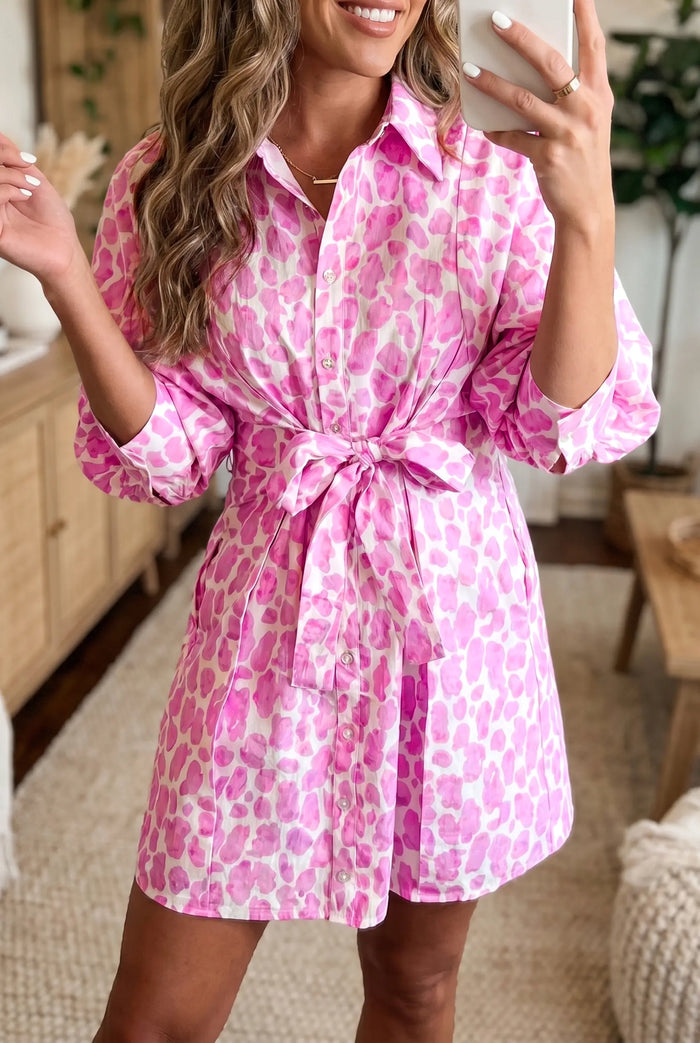 Abstract Leopard Print Tie Waist Puff Sleeve Mini Shirt Dress – Pink