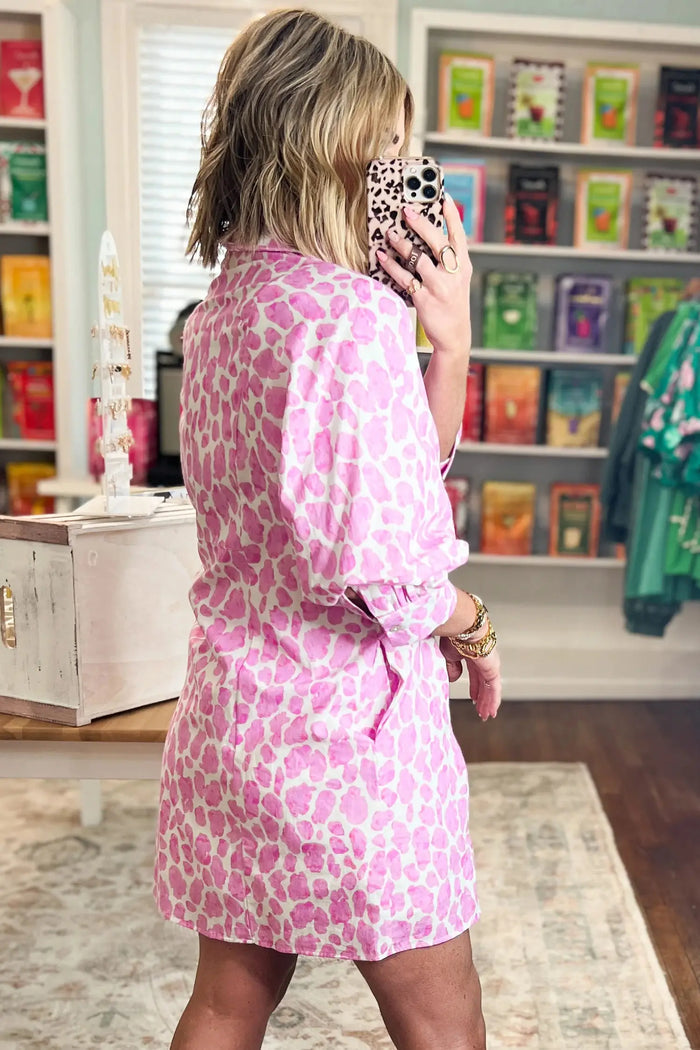 Abstract Leopard Print Tie Waist Puff Sleeve Mini Shirt Dress – Pink