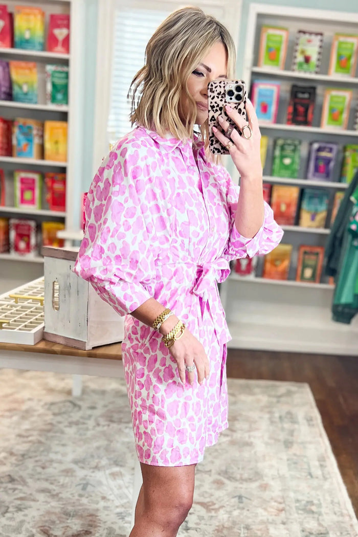 Abstract Leopard Print Tie Waist Puff Sleeve Mini Shirt Dress – Pink