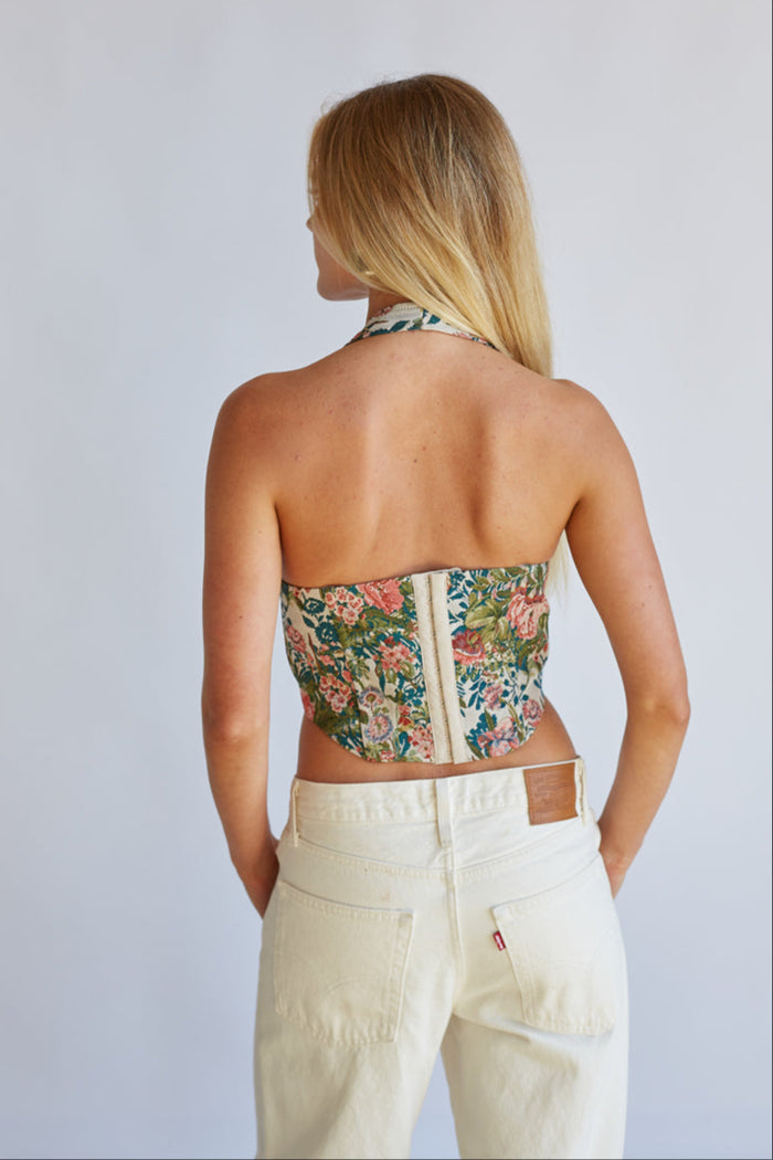 Back-image | Acacia Jacquard Halter Floral Corset | back view showing the halter neck design and the smooth, structured fit of the corset.