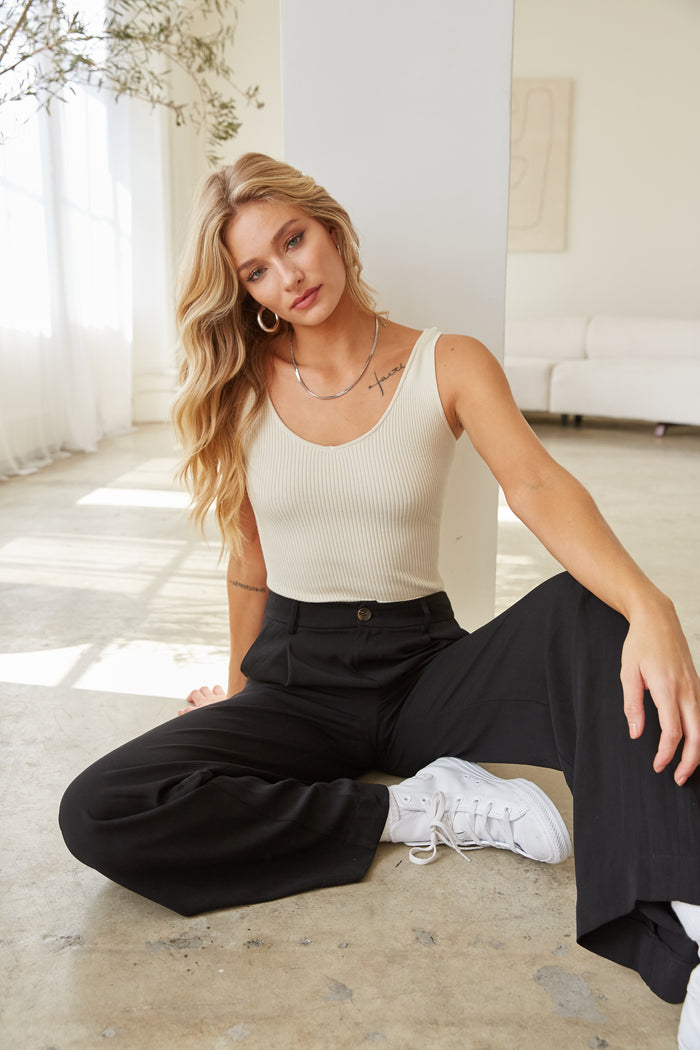 tan knit ribbed bodysuit - fall tank - beige sleeveless top - autumn tops - basic bodysuit - wardrobe essential