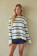 A woman wearing a cream knit sweater with horizontal navy, light blue, and dark charcoal stripes, paired with dark denim shorts, standing against a textured beige wall.