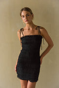 Front view | Black Smocked Ruffle bodycon mini dress | resort dress