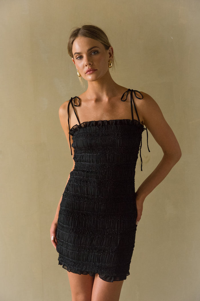 Front view | Black Smocked Ruffle bodycon mini dress | resort dress