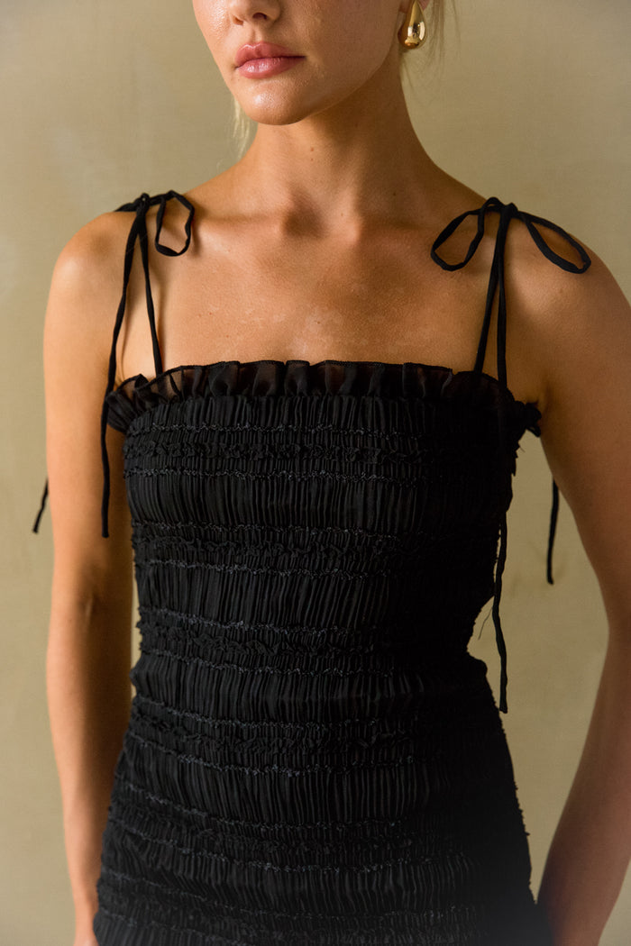 Front view | Black Smocked Ruffle bodycon mini dress | vacation night out dress