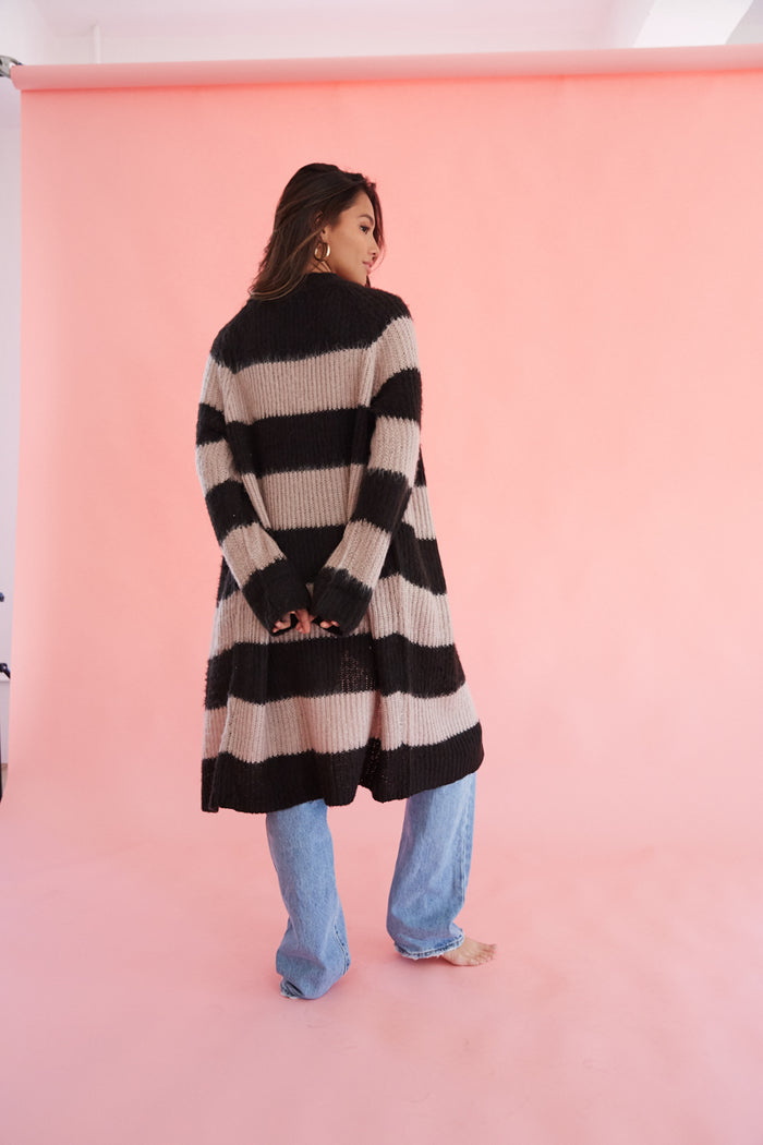 striped midi cardigan - fuzzy long cardigan - cute open front midi cardigan