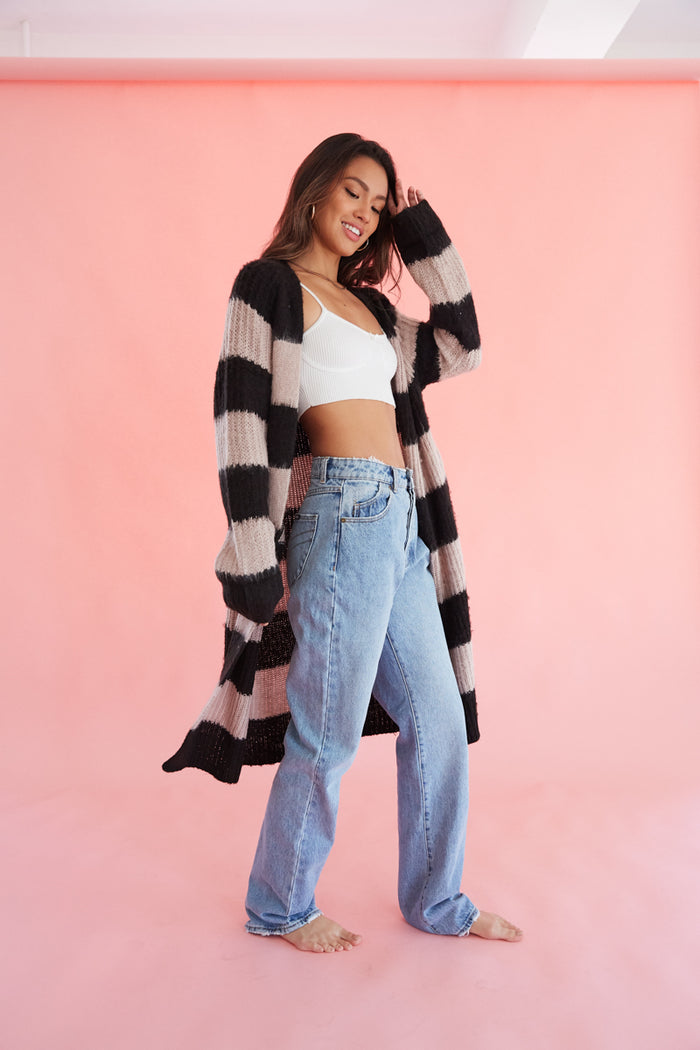 fuzzy black and lilac striped cardigan - open front midi cardigan - cozy sweaters for winter