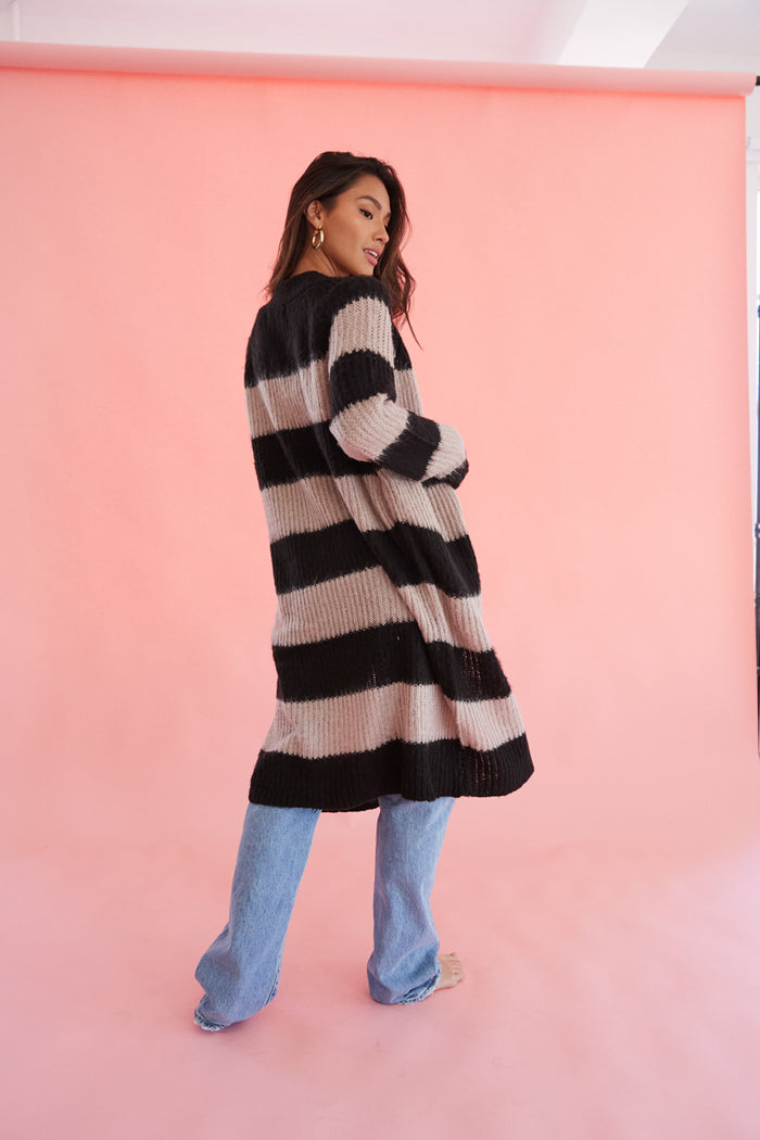 cozy winter styles - casual striped midi cardigan - black and lilac striped open front cardigan