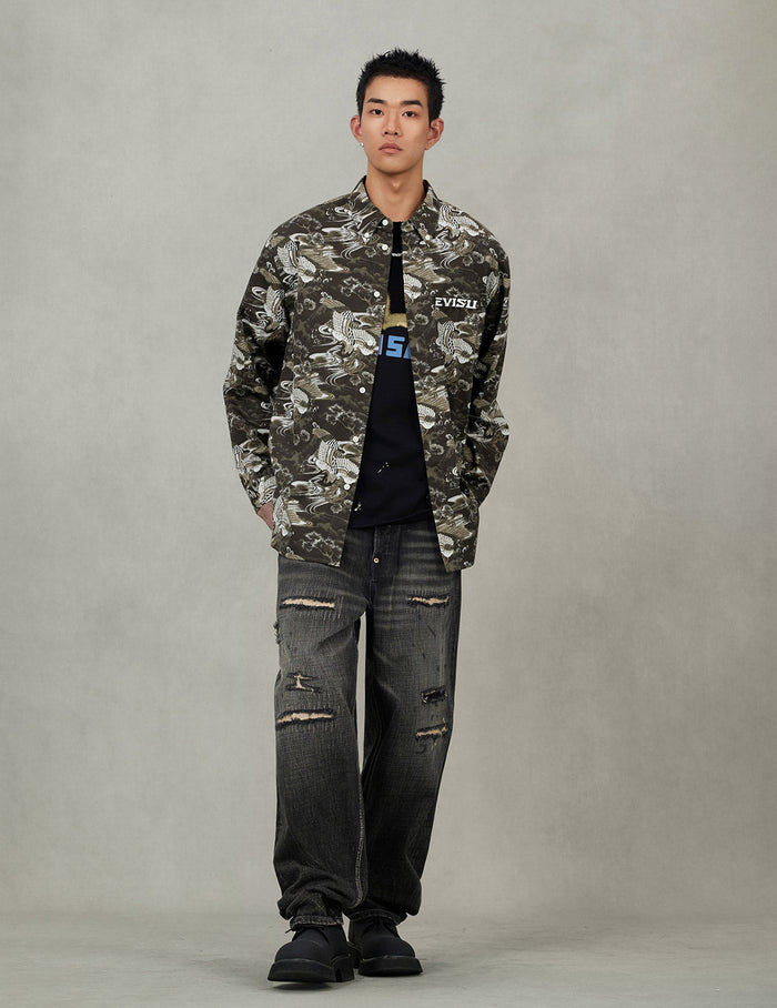 Allover Crane Print Relax Fit Shirt