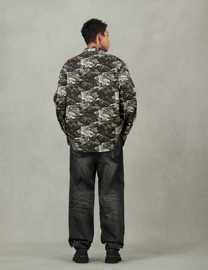 Allover Crane Print Relax Fit Shirt