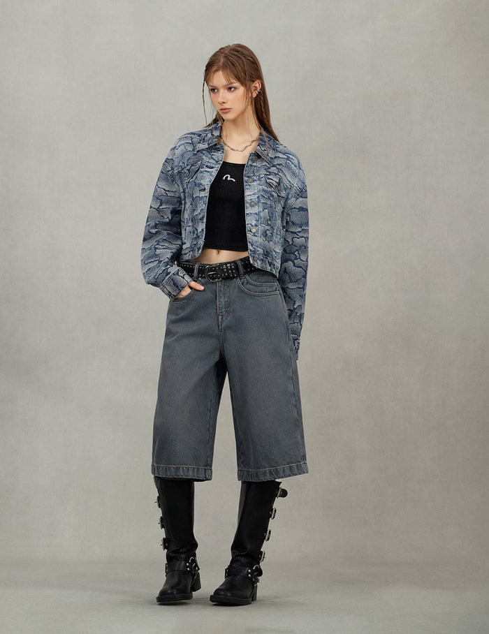 Allover Ishigaki Camouflage Jacquard Fashion Fit Washed Denim Jacket