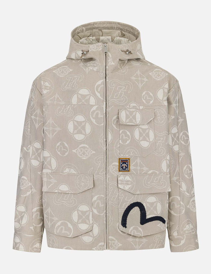 Allover Kamon and Seagull Jacquard Relax Fit Hooded Jacket