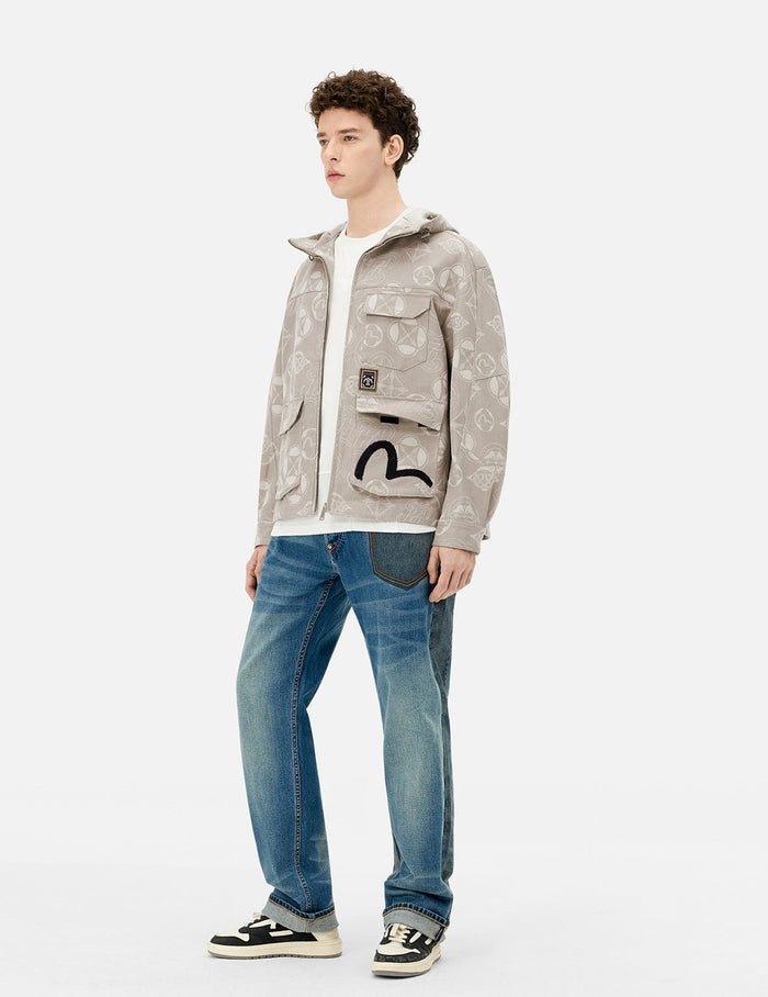 Allover Kamon and Seagull Jacquard Relax Fit Hooded Jacket